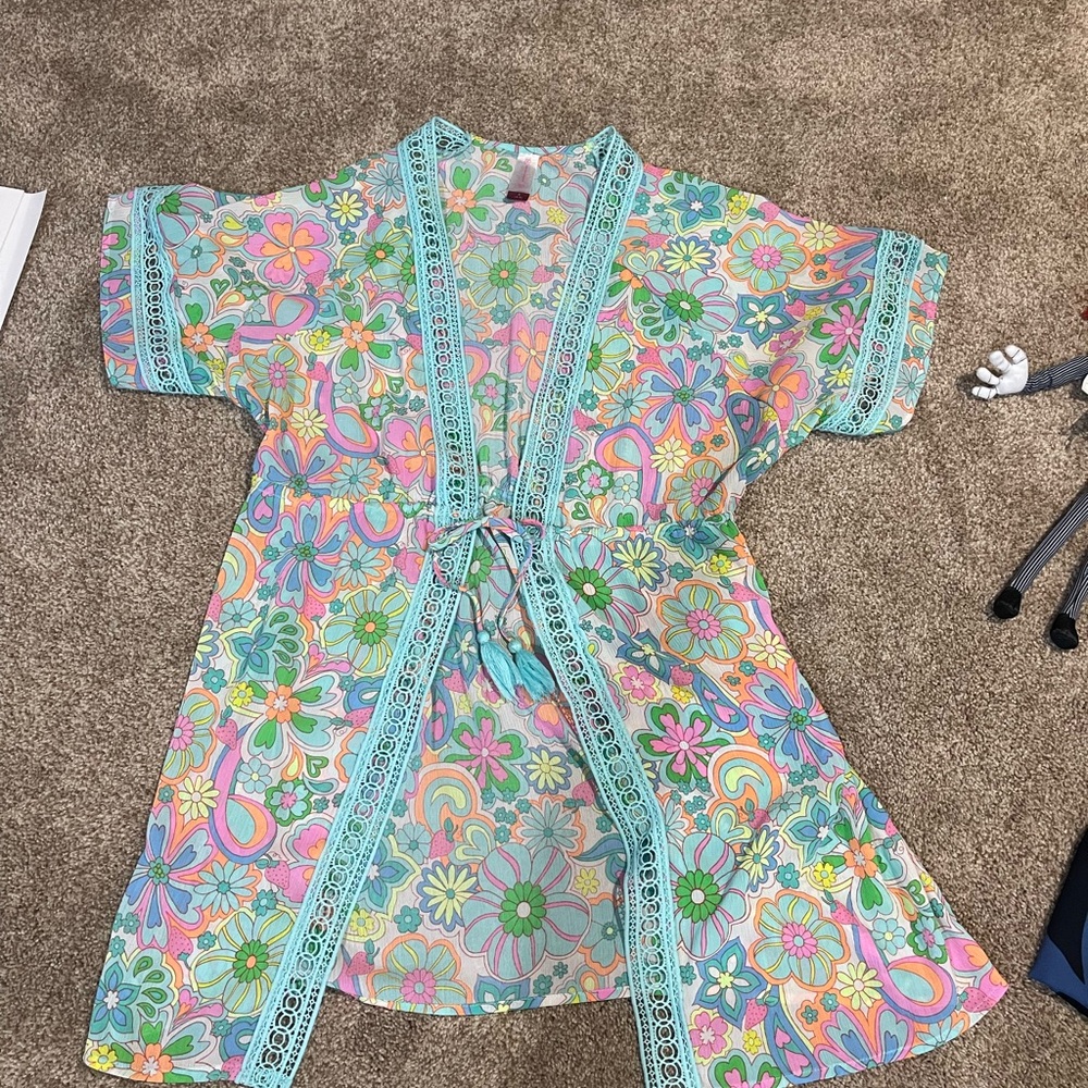 Barbiecore Barbie xs No Boundaries Floral Tie-Front Swim Coverup - Pastel Multi